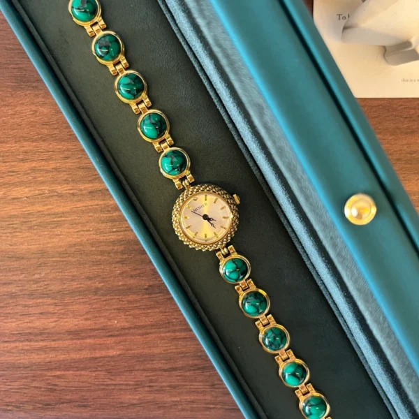 Elegant Green Round Accent Gold Bracelet Watch for Women