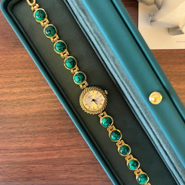 Elegant Green Round Accent Gold Bracelet Watch for Women