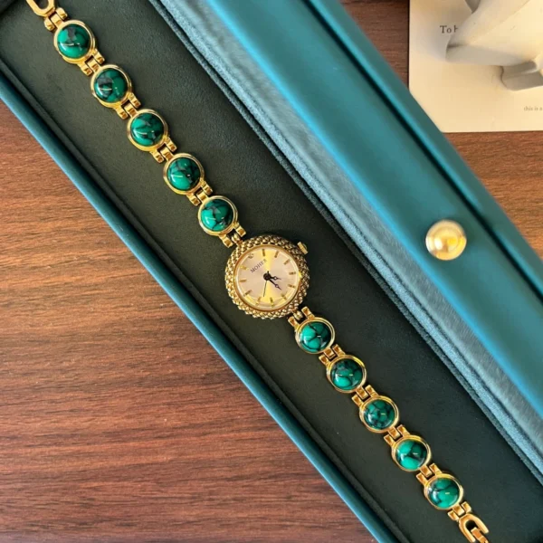 Elegant Green Round Accent Gold Bracelet Watch for Women