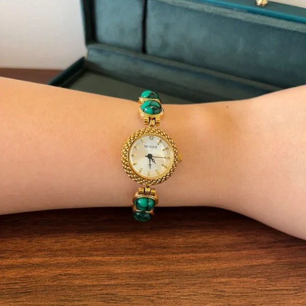 Elegant Green Round Accent Gold Bracelet Watch for Women