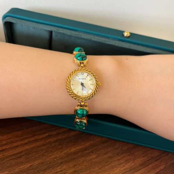 Elegant Green Round Accent Gold Bracelet Watch for Women
