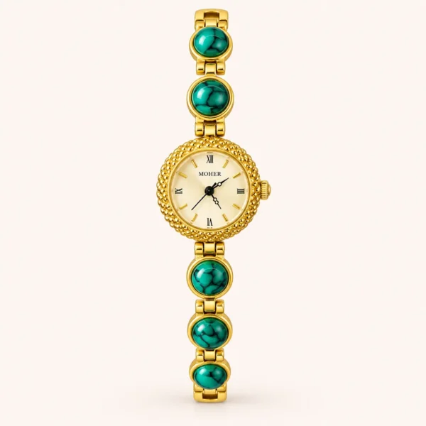 Elegant Green Round Accent Gold Bracelet Watch for Women