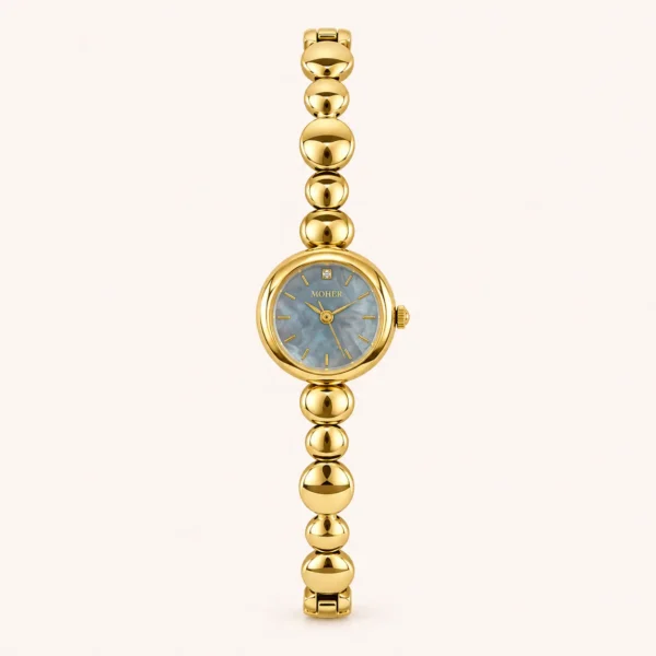 Classic Blue Round Dial Gold Disc Link Bracelet Watch for Women
