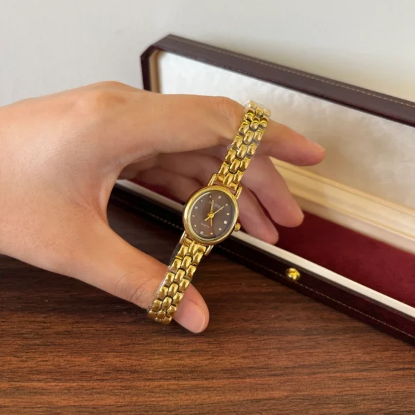 Classic Brown Round Dial Gold Woven Bracelet Watch for Women
