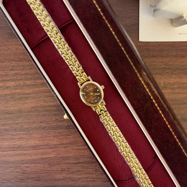 Classic Brown Round Dial Gold Woven Bracelet Watch for Women