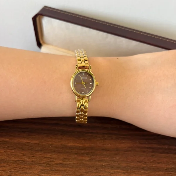 Classic Brown Round Dial Gold Woven Bracelet Watch for Women