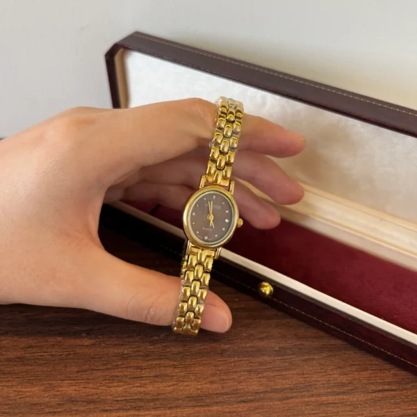 Classic Brown Round Dial Gold Woven Bracelet Watch for Women