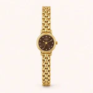 786-main Classic Brown Round Dial Gold Woven Bracelet Watch for Women
