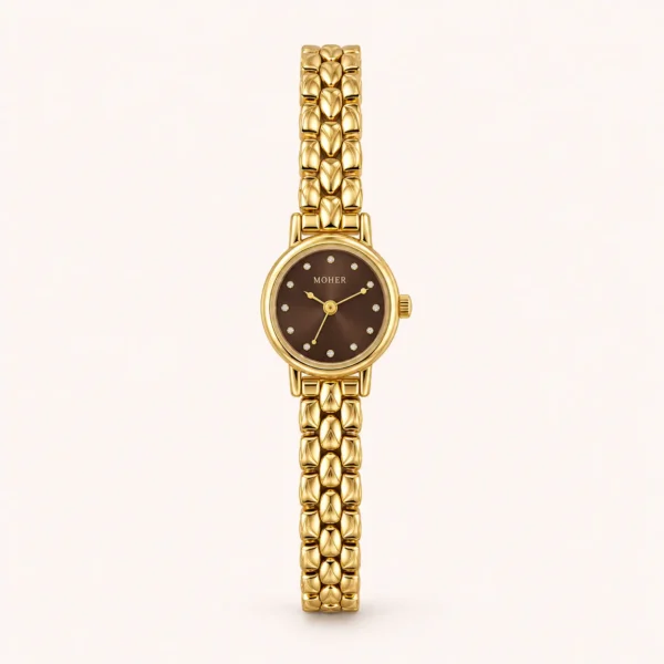Classic Brown Round Dial Gold Woven Bracelet Watch for Women