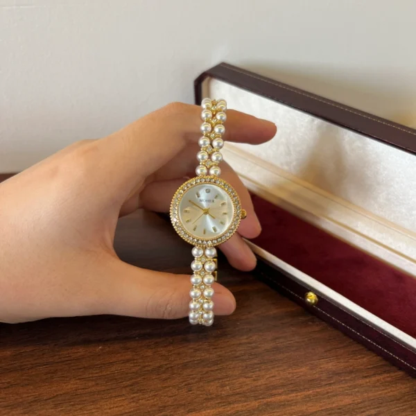 Elegant Cream Round Dial White Bead Gold Bracelet Watch for Women