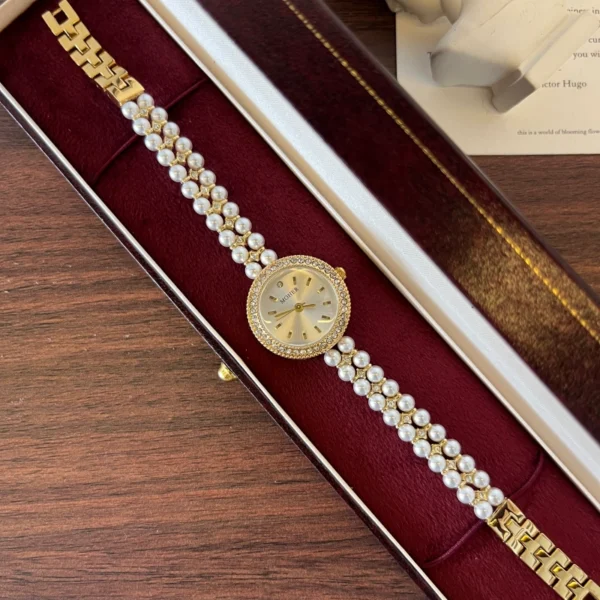 Elegant Cream Round Dial White Bead Gold Bracelet Watch for Women