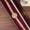 Elegant Cream Round Dial White Bead Gold Bracelet Watch for Women