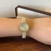 Elegant Cream Round Dial White Bead Gold Bracelet Watch for Women