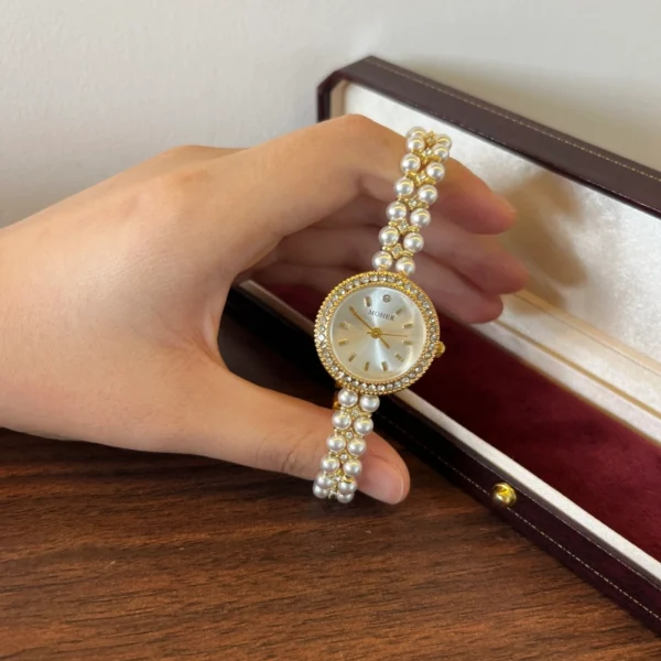 Elegant Cream Round Dial White Bead Gold Bracelet Watch for Women