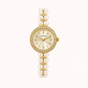 787-main Elegant Cream Round Dial White Bead Gold Bracelet Watch for Women