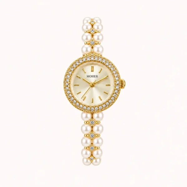 Elegant Cream Round Dial White Bead Gold Bracelet Watch for Women