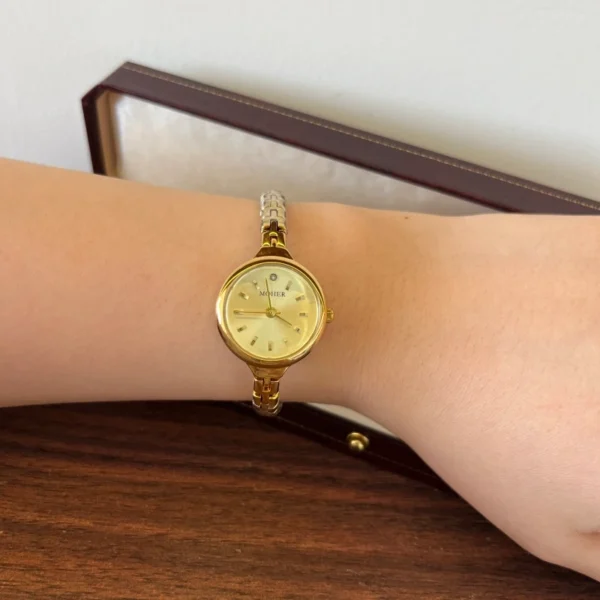 Classic Gold Cushion Dial Slim Textured Bracelet Watch for Women