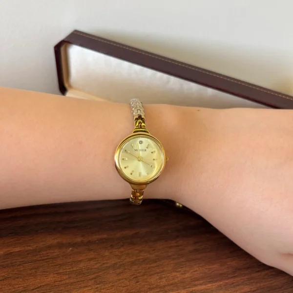 Classic Gold Cushion Dial Slim Textured Bracelet Watch for Women