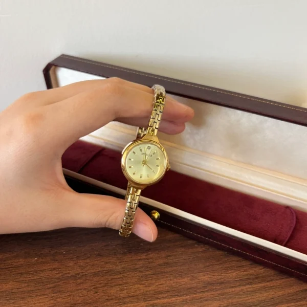 Classic Gold Cushion Dial Slim Textured Bracelet Watch for Women