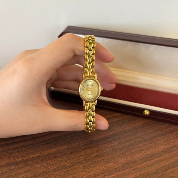 Elegant Gold Round Dial Woven Link Bracelet Watch for Women