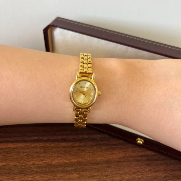 Elegant Gold Round Dial Woven Link Bracelet Watch for Women