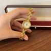 Classic Cream Round Dial Gold Curved Link Bracelet Watch for Women