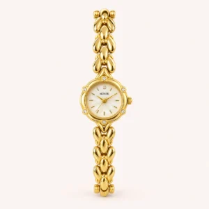 791-main Classic Cream Round Dial Gold Curved Link Bracelet Watch for Women