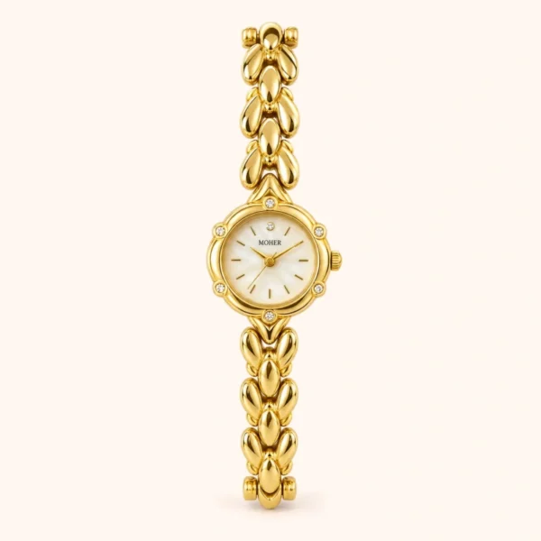 Classic Cream Round Dial Gold Curved Link Bracelet Watch for Women