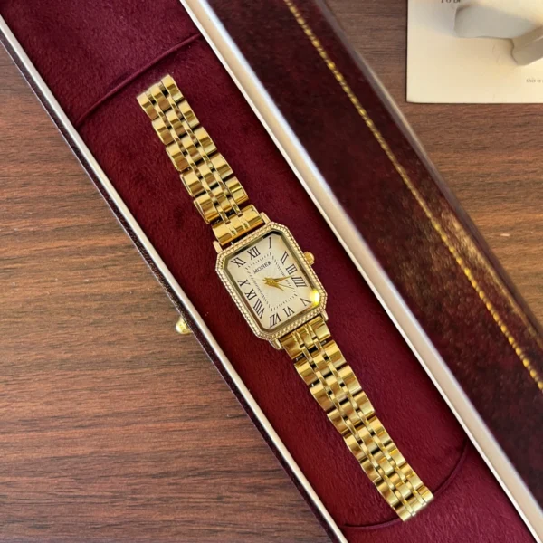 Classic White Rectangle Dial Gold Link Bracelet Watch for Women