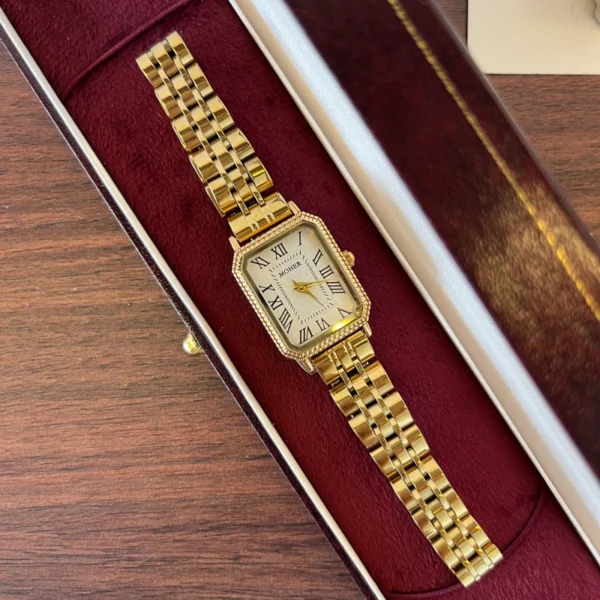 Classic White Rectangle Dial Gold Link Bracelet Watch for Women