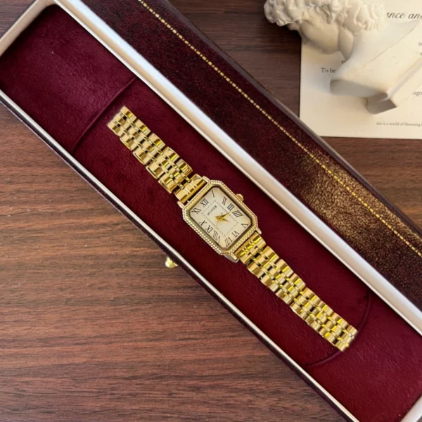 Classic White Rectangle Dial Gold Link Bracelet Watch for Women