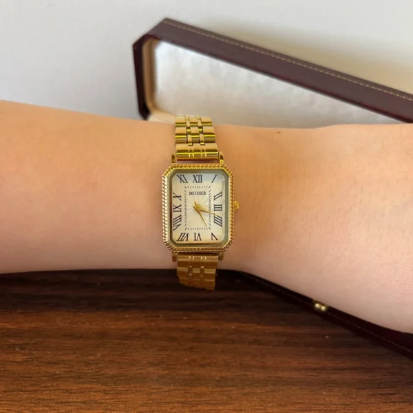 Classic White Rectangle Dial Gold Link Bracelet Watch for Women