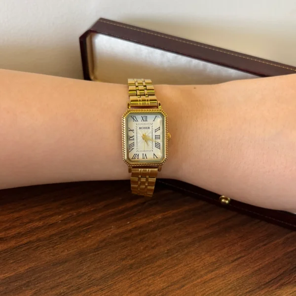 Classic White Rectangle Dial Gold Link Bracelet Watch for Women