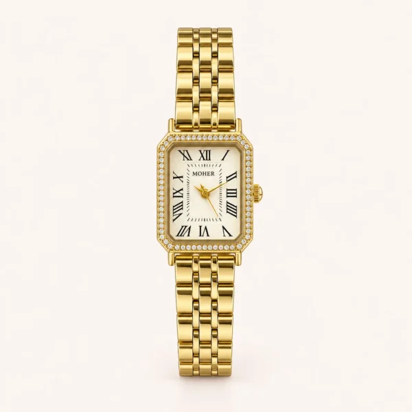 Classic White Rectangle Dial Gold Link Bracelet Watch for Women