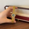 Elegant Blue Round Dial Gold Textured Bracelet Watch for Women