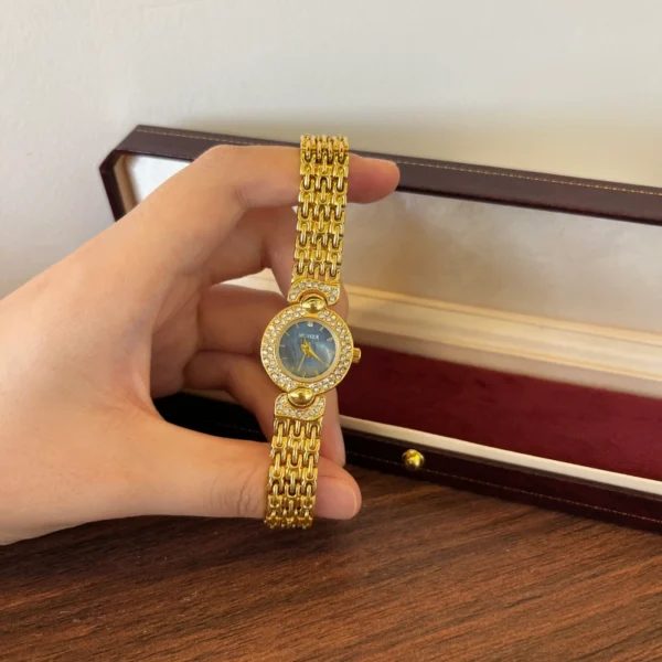 Elegant Blue Round Dial Gold Textured Bracelet Watch for Women