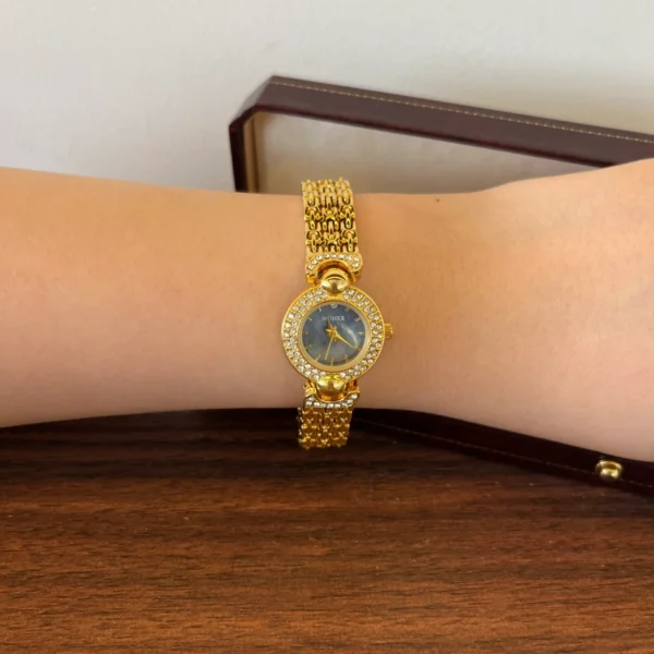 Elegant Blue Round Dial Gold Textured Bracelet Watch for Women
