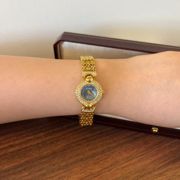 Elegant Blue Round Dial Gold Textured Bracelet Watch for Women