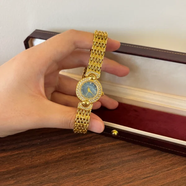 Elegant Blue Round Dial Gold Textured Bracelet Watch for Women