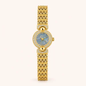 793-main Elegant Blue Round Dial Gold Textured Bracelet Watch for Women