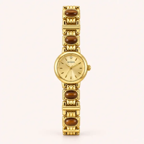 Classic Gold Round Dial Geometric Link Bracelet Watch for Women
