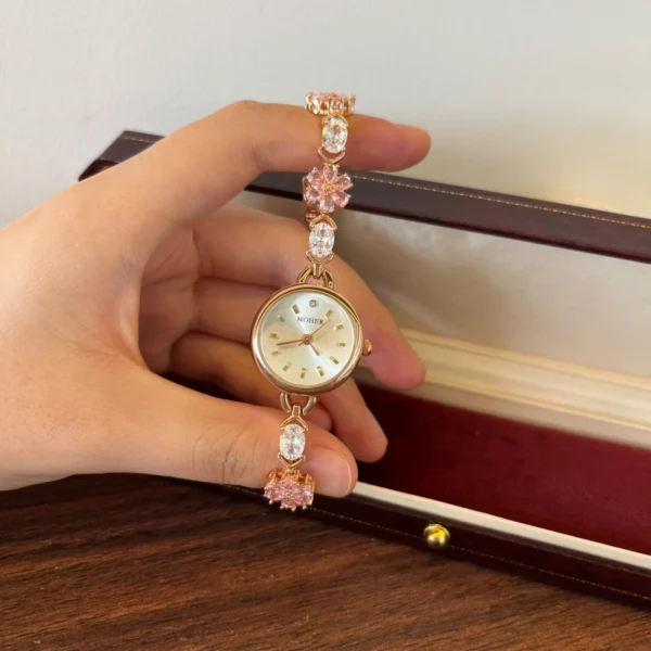 Elegant Pink Floral Round Dial Bracelet Watch for Women