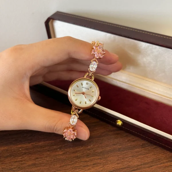 Elegant Pink Floral Round Dial Bracelet Watch for Women