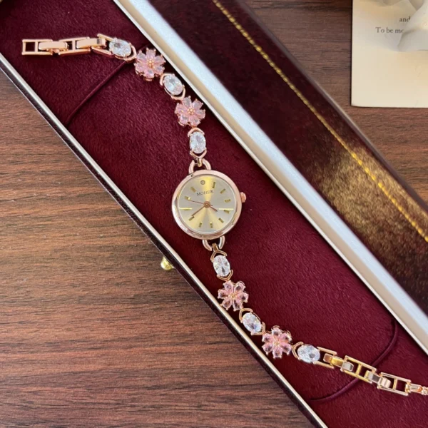 Elegant Pink Floral Round Dial Bracelet Watch for Women