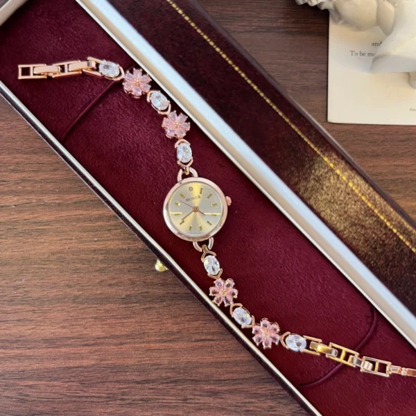 Elegant Pink Floral Round Dial Bracelet Watch for Women