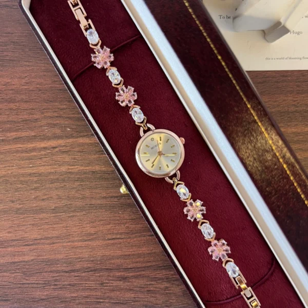 Elegant Pink Floral Round Dial Bracelet Watch for Women