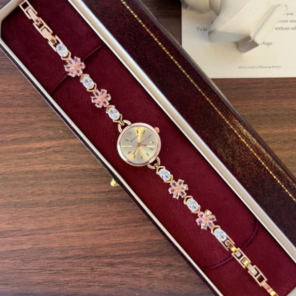 Elegant Pink Floral Round Dial Bracelet Watch for Women