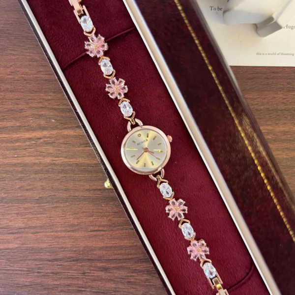 Elegant Pink Floral Round Dial Bracelet Watch for Women