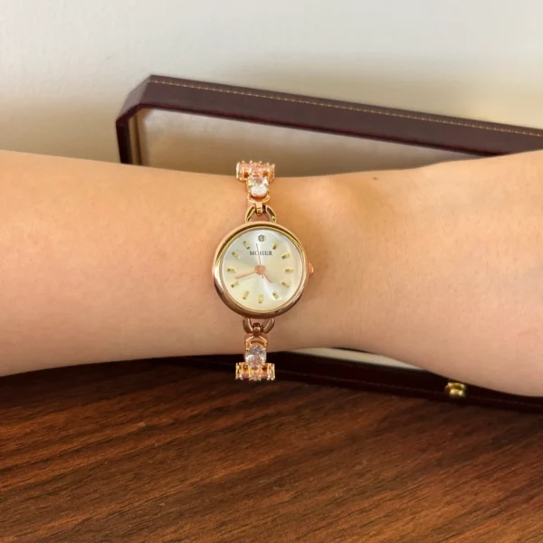 Elegant Pink Floral Round Dial Bracelet Watch for Women