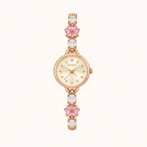 796-main Elegant Pink Floral Round Dial Bracelet Watch for Women